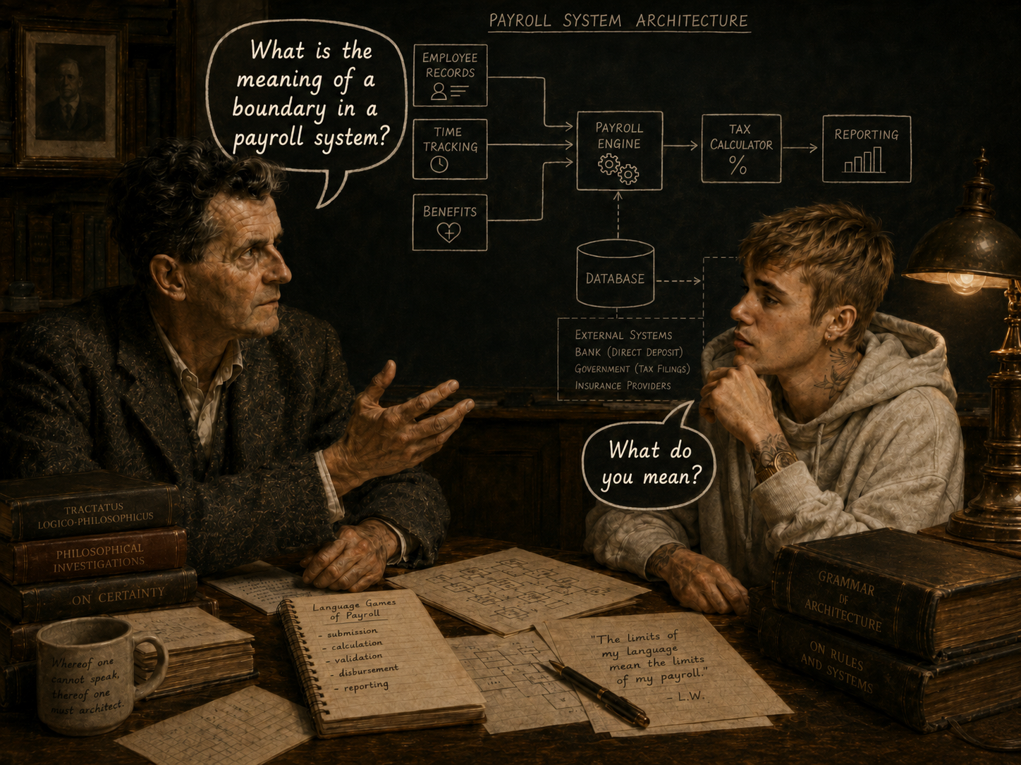 Justin Bieber and Ludwig Wittgenstein discussing the payroll system design
